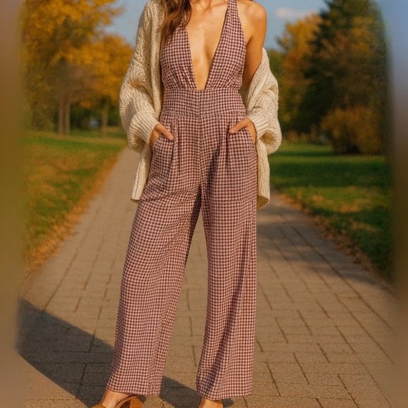 Cider Pants - Cider Brown Gingham Plunge V-Neck One Piece Wide Leg Pantsuit Jumpsuit Size XL
